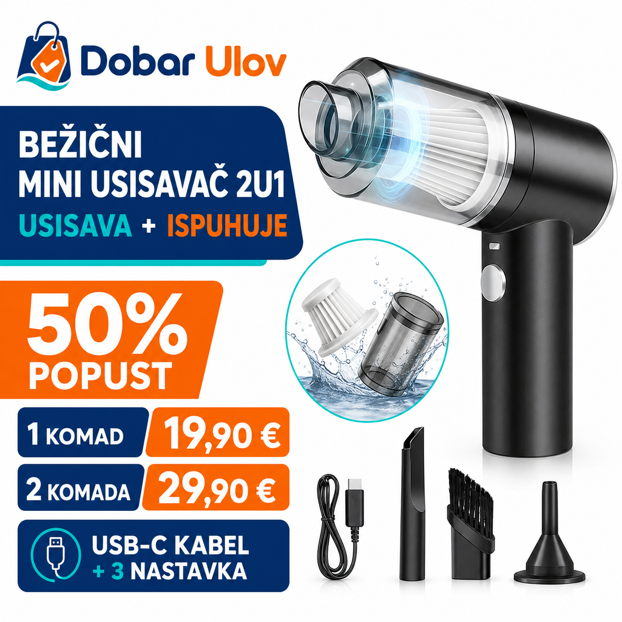 Bežični Mini Usisavač 2u1 | Usisava i ispuhuje